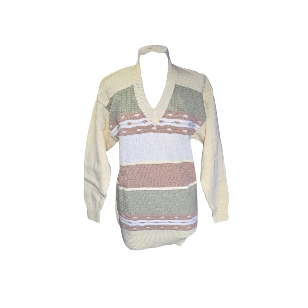 Vintage V Neck Abstract Coastal Pullover Knit Cream Sweater. Size Medium